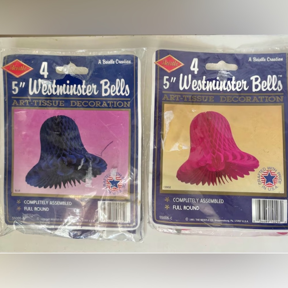 2/$10 Vintage Westminster Bells Art-Tissue Decoration - Blue and Pink NIP